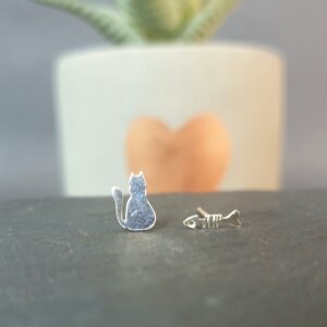 Silver Cat & Fish Studs