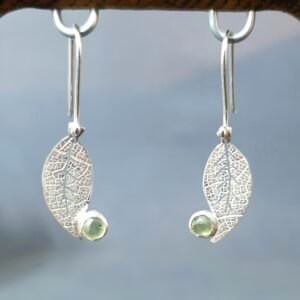 Silver Leaf Drop Earrings with Peridot