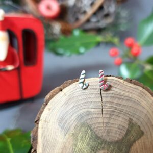 Festive Silver Christmas Candy Stick Stud Earrings