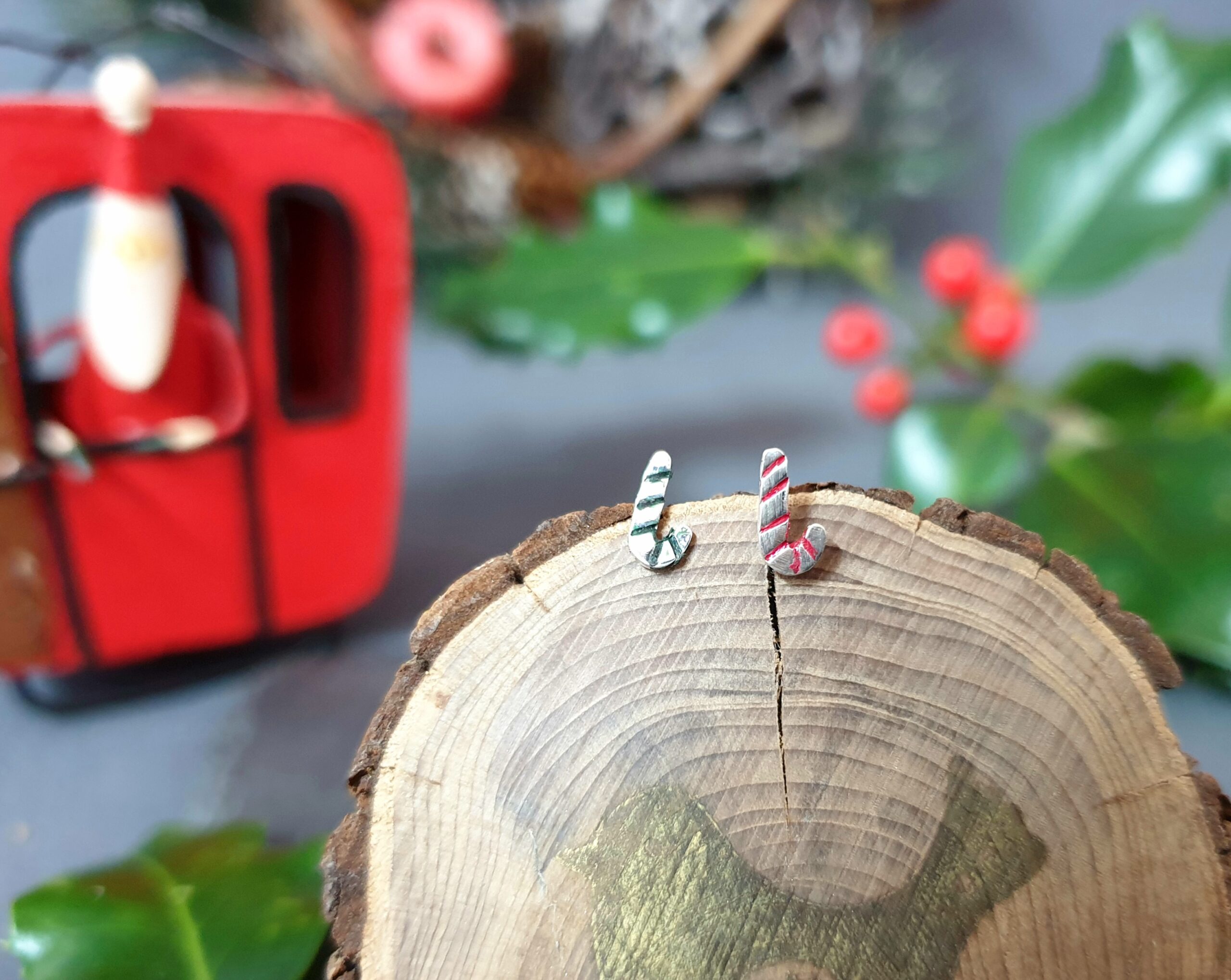 Festive Silver Christmas Candy Stick Stud Earrings
